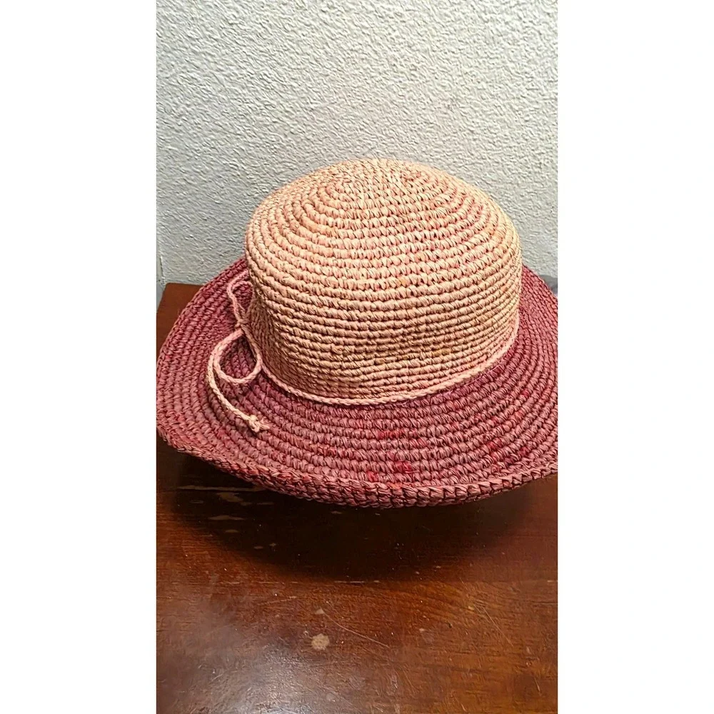 San Diego Hat Co Pink & Burgundy Women's Beach Victory Raffia Straw Hat Size O/S